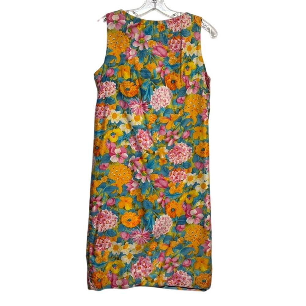 60's Floral Print Sleeveless Screen Printed Comb Weft Sateen Shift Dress Size 12